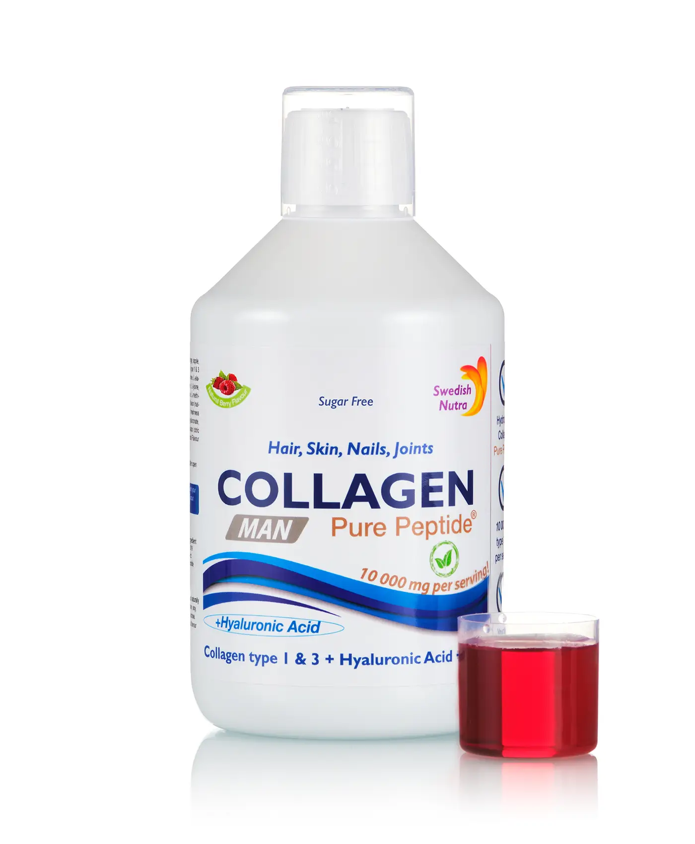Colagen Lichid Hidrolizat MAN Tip 1 si 3 cu 10000 Mg – Formulă pentru Bărbati + Acid Hialuronic + Vitamina E + Cupru + Siliciu + Vitamine – Sticlă cu 500 ml