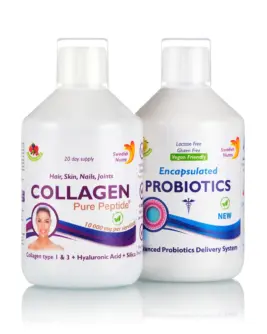 Pachet Beauty + Reducere Balonare și Reglare Tranzit: Colagen Lichid Hidrolizat Tip 1 și 3 cu 10.000 Mg + Probiotic Lichid