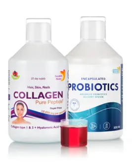 Pachet Beauty + Reducere Balonare și Reglare Tranzit: Colagen Lichid Hidrolizat Tip 1 și 3 cu 10.000 Mg + Probiotic Lichid