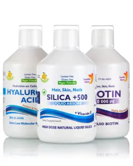 Super-Pachet Frumusețe, Întărire Păr, Unghii, Piele Strălucitoare: Acid Hialuronic Lichid + Siliciu Lichid + Biotină Lichidă