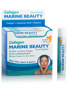 MARINE BEAUTY – 30 shots – Colagen lichid hidrolizat marin de tip 1 și 3 pentru păr, piele, unghii și articulații + Acid Hialuronic + Siliciu +Biotină + Seleniu + Zinc + Vitamine