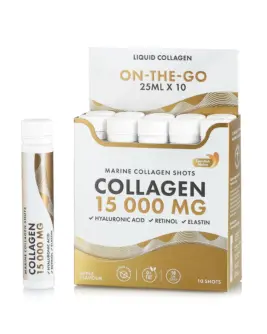 Colagen 15.000 mg – 10 Shots – Colagen Marin Hidrolizat Lichid Tip 1 si 3 + Retinol 800 mcg + Acid Hialuronic 50 mg + Elastina 10 mg + Vitamine + Minerale + Organic Superfood Fructe si Legume