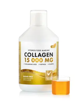 Colagen Hidrolizat Lichid 15 000 Mg Tip 1 si 3 Super Concentrat + Acid Hialuronic 50 mg + Retinol 800 mcg + Elastina 10 mg + Biotina 450 mcg + Vitaminele C, D, B5, K2 + Zinc 10 mg – Sticla cu 500 ml