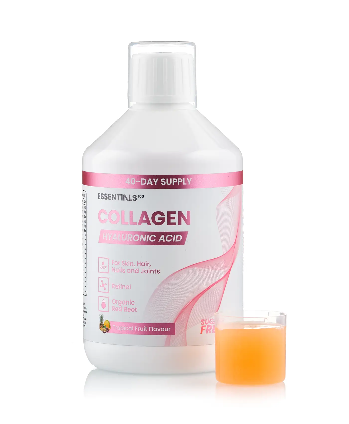 Colagen Hidrolizat Lichid 2500 mg cu Retinol + Acid Hialuronic 20 mg + Zinc 10 mg + Coenzima Q10 + Vitaminele C, B5, B7, E – Sticla cu 500 ml