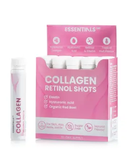 Essentials 100 - Colagen Retinol – Colagen Hidrolizat Lichid + Retinol 960 mcg + Elastina 10 mg + Vitaminele B3 si B9 + Super Blend Antioxidant Mix 10.000 mcg din 10 Verdeturi, Fructe si Legume – Cutie cu 10 Fiole