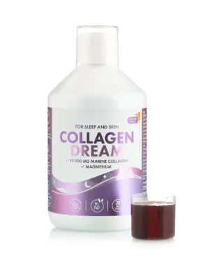 Collagen Dream – Colagen Marin Lichid Hidrolizat 10.000 mg + Magneziu 150 mg + Triptofan 500 mg + Herbal Blend Relax cu Valeriana + Lavanda + Hamei + Ashwagandha + Floarea Pasiunii