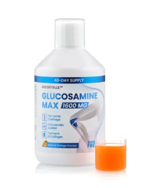 Essentials 100 - Glucosamine Max cu Glucozamina 1600 mg + Condroitina 100 mg + MSM 100 mg + Colagen Hidrolizat 200 mg + Acid Hialuronic 10 mg + Vitaminele A, C, D3 si B12 – Formula pentru articulatii, cartilaje, oase, tendoane – Sticla cu 500 ml