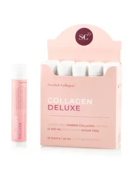 Colagen Deluxe 10 Shots Travel Pack – Colagen Marin Hidrolizat Lichid cu 12.500 mg la doza zilnica + Acid Hialuronic + Biotina + MSM + Zinc + Siliciu + Vitamine – Usor de transportat si administrat