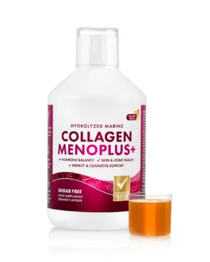 Colagen Menoplus – Colagen Marin Hidrolizat Lichid cu 10.000 mg + Retinol 80 mcg + Acid Hialuronic 75 mg + Elastina 25 mg + Biotina 50 mcg + Coenzima Q10 5 mg + Vitamina D3 15 mcg + Magneziu 57 mg + Calciu 120 mg + Zinc + Seleniu + Vitamine pentru Echilibru Hormonal, Frumusete si Confort la Femeile aflate la Menopauza – Sticla cu 500 ml