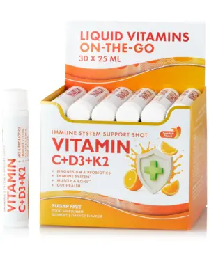 Vitamina C 500 mg + Vitamina D3 + K2 + Probiotice – 30 Fiole – Imunitate, Energie si Piele cu Aspect Sanatos – Produs Vegan