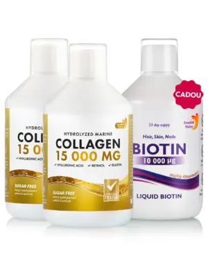 Pachet Frumusețe de Iarnă – 2 sticle × Colagen Marin 15.000 mg + Cadou Biotină Lichidă 10.000 mcg