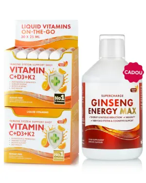Pachet Imunitate & Energie – 2 cutii × Vitamina C 500 mg + D3 + K2 + Cadou Ginseng Energy 2000 mg